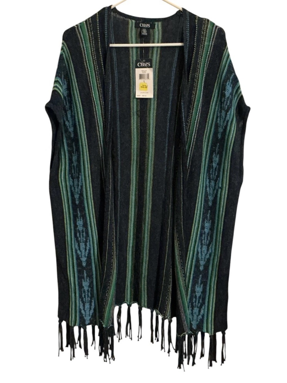 Chaps NWT Fringe Open Cardigan Large Southwestern Boho Sweater Poncho Vest